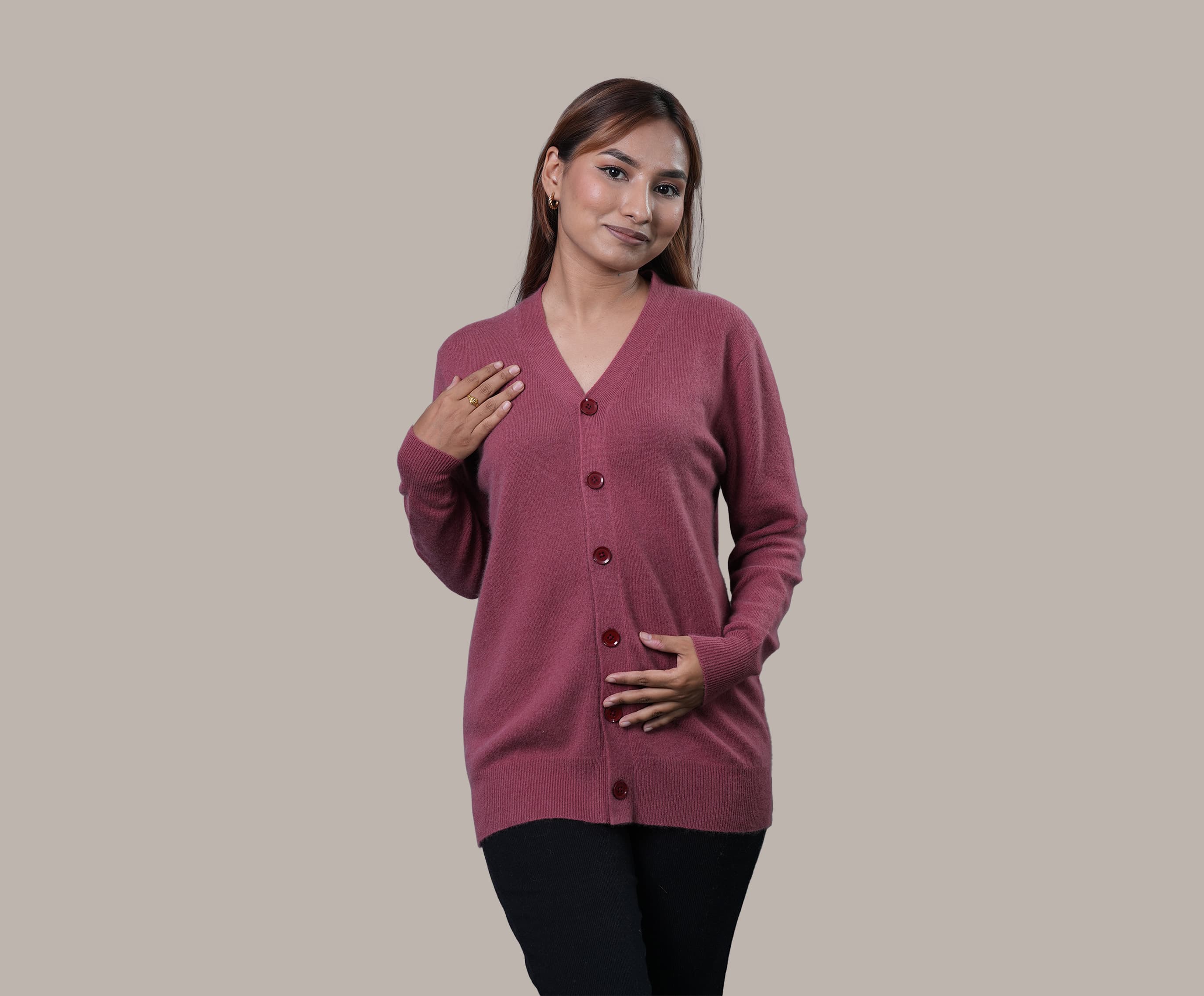 Women's Cashmere Long Cardigan in Pink - V Neck Style