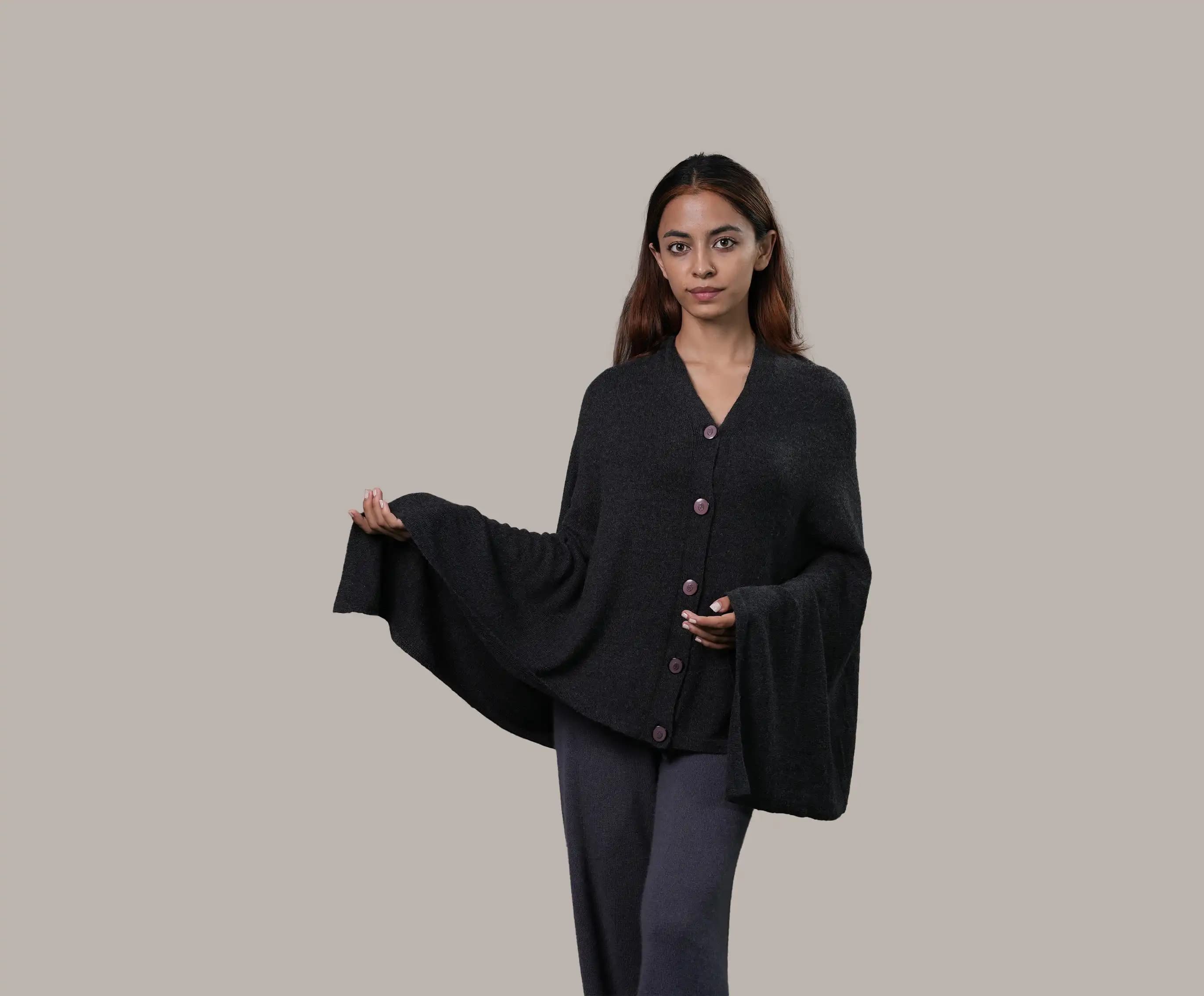 Cashmere Blend Natural Poncho With Button